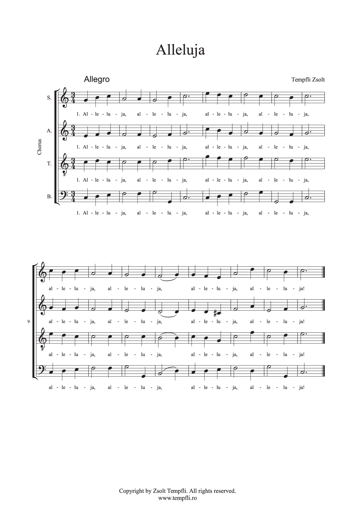 Zsolt Tempfli: Alleluia pentru cor mixt (SATB), op. 16